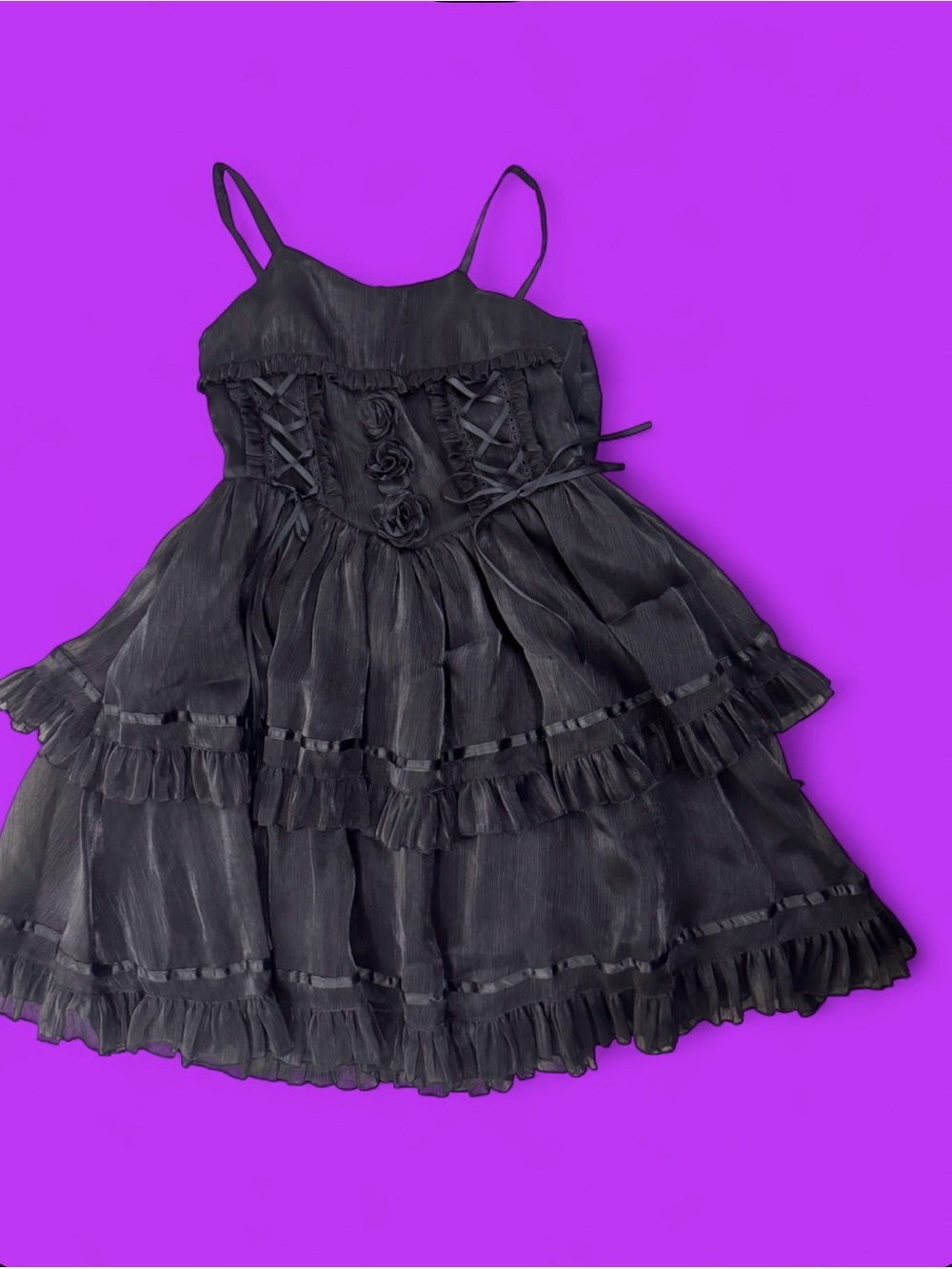 Black gothic fairy dress with ruffles and lace up back